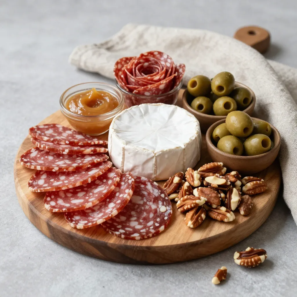 Charcuterie board with salami roses and brie arrangement