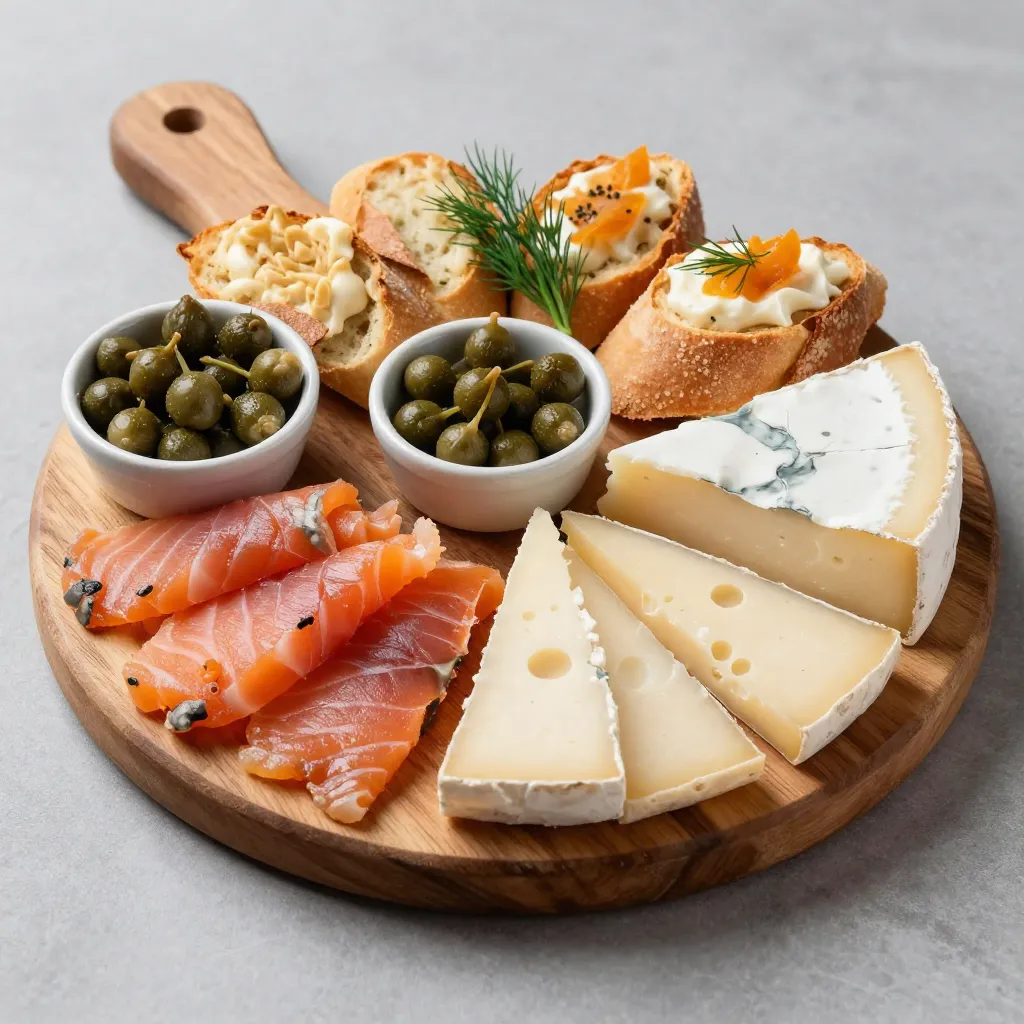 Charcuterie board featuring smoked salmon