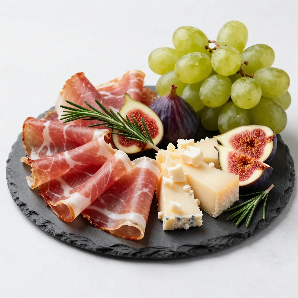 Charcuterie board with prosciutto and aged cheeses